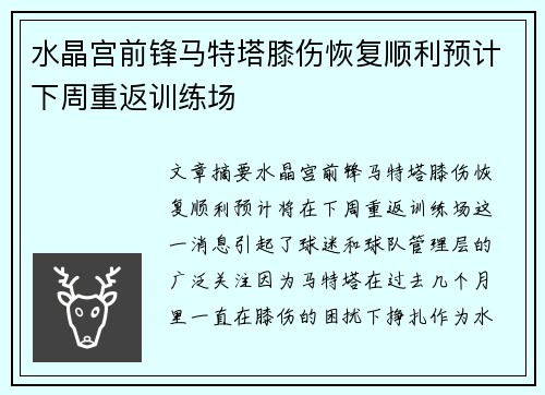 水晶宫前锋马特塔膝伤恢复顺利预计下周重返训练场 水晶宫前锋马特塔膝伤恢复顺利预计下周重返训练场