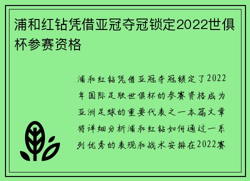 浦和红钻凭借亚冠夺冠锁定2022世俱杯参赛资格